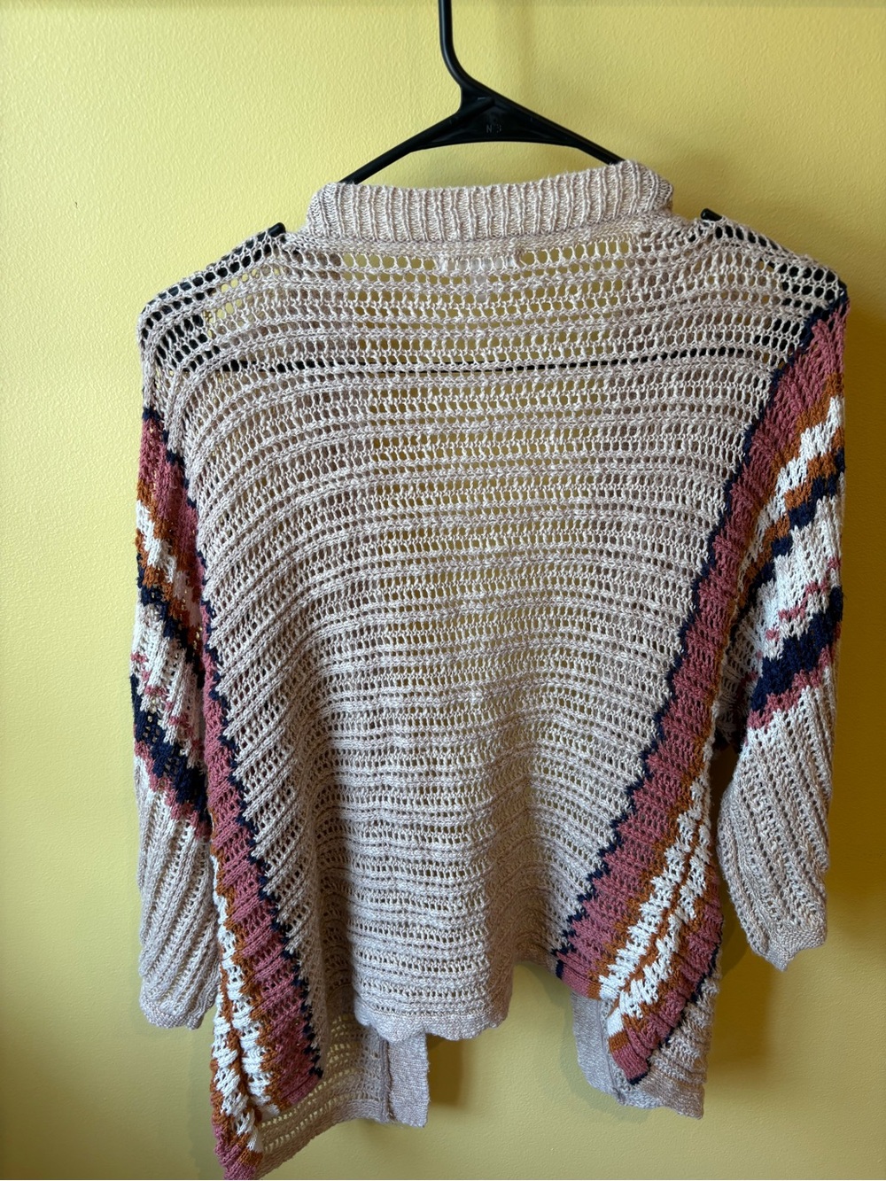 Maurices Cream Open-Knit Cardigan with Rust and Navy Patterned Sleeves - Picture 2 of 5